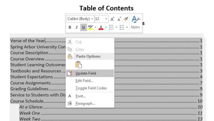Modify the Table of Contents